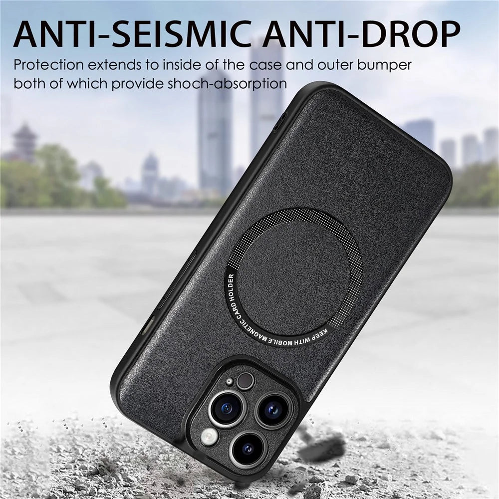 For iPhone 15 Pro Max Magnetic Phone Case Compatible with MagSafe PU Leather Coated PC+TPU Cover - Brown - 7