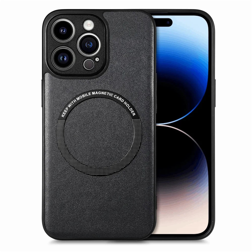 For iPhone 15 Pro Magnetic Phone Case PU Leather Coated PC+TPU Anti-drop Cover Compatible with MagSafe - Black - 1