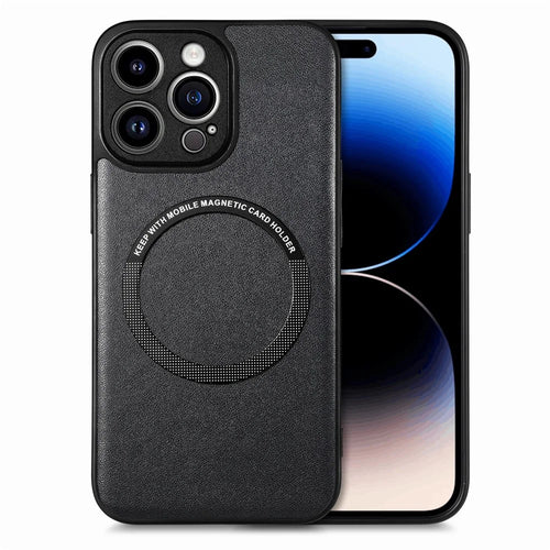 For iPhone 15 Pro Magnetic Phone Case PU Leather Coated PC+TPU Anti-drop Cover Compatible with MagSafe - Black - 1