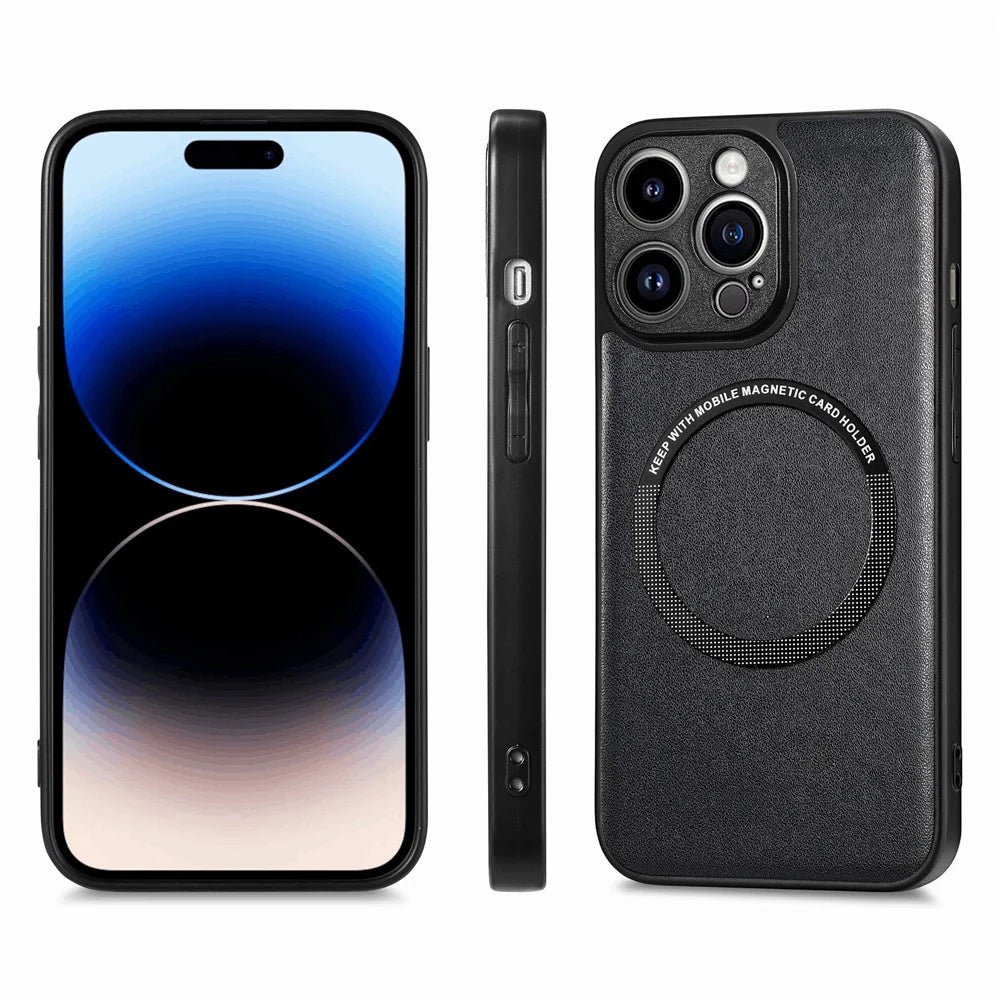 For iPhone 15 Pro Magnetic Phone Case PU Leather Coated PC+TPU Anti-drop Cover Compatible with MagSafe - Black - 2