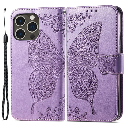 For iPhone 15 Pro Max Stand Wallet Case Butterfly Imprinted PU Leather Protective Phone Cover - Light Purple - 1