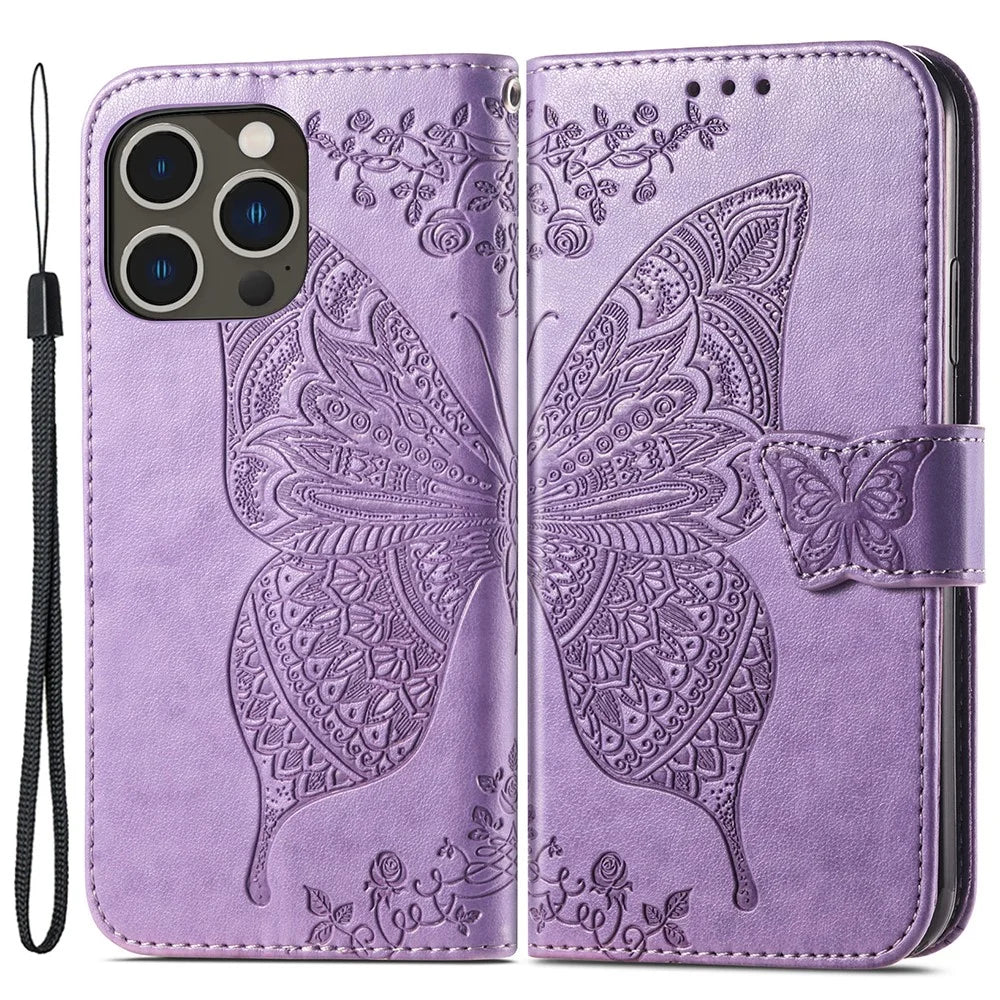 For iPhone 15 Pro Max Stand Wallet Case Butterfly Imprinted PU Leather Protective Phone Cover - Light Purple - 1