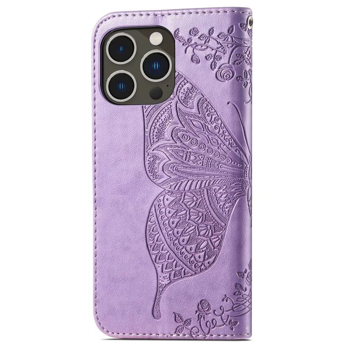 For iPhone 15 Pro Max Stand Wallet Case Butterfly Imprinted PU Leather Protective Phone Cover - Light Purple - 5