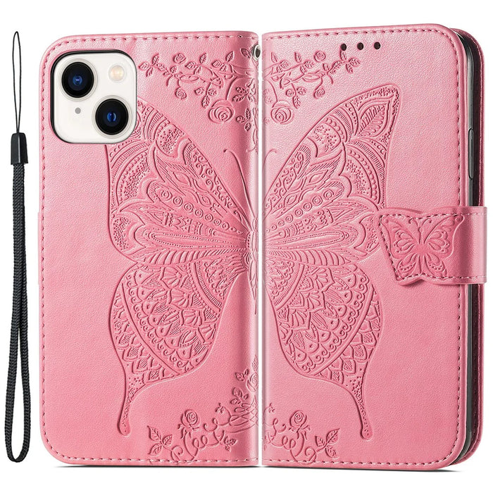 For iPhone 15 Butterfly Imprinted Phone Leather Case Wallet Stand Phone Cover - Pink - 1