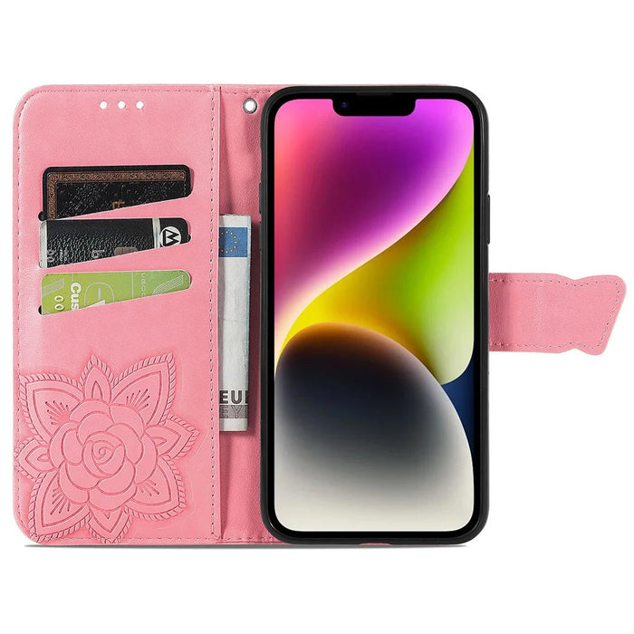 For iPhone 15 Butterfly Imprinted Phone Leather Case Wallet Stand Phone Cover - Pink - 2