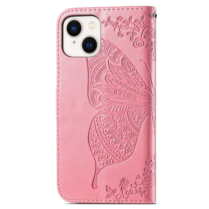 For iPhone 15 Butterfly Imprinted Phone Leather Case Wallet Stand Phone Cover - Pink - 5