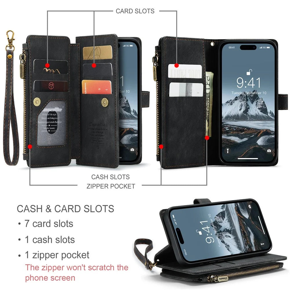 For iPhone 15 Pro Max Phone Cases with Strap CASEME C30 Zipper Multiple Card Holder PU Leather Cover - Black - 5