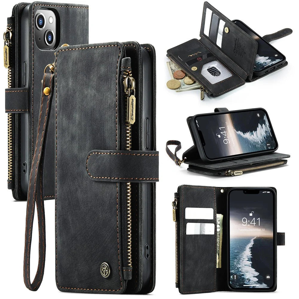 For iPhone 15 Plus Phone Cases with Strap CASEME C30 Zipper Multiple Card Holder PU Leather Cover - Black - 1