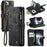 For iPhone 15 Plus Phone Cases with Strap CASEME C30 Zipper Multiple Card Holder PU Leather Cover - Black - 1