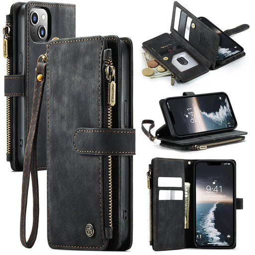 For iPhone 15 Plus Phone Cases with Strap CASEME C30 Zipper Multiple Card Holder PU Leather Cover - Black - 1