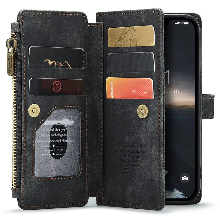 For iPhone 15 Plus Phone Cases with Strap CASEME C30 Zipper Multiple Card Holder PU Leather Cover - Black - 2