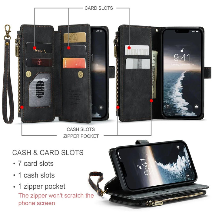 For iPhone 15 Plus Phone Cases with Strap CASEME C30 Zipper Multiple Card Holder PU Leather Cover - Black - 5