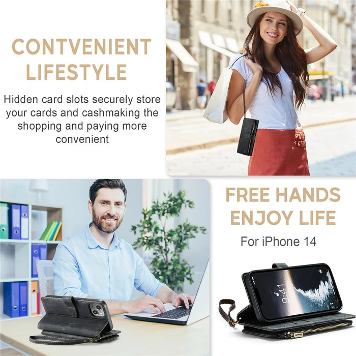 For iPhone 15 Plus Phone Cases with Strap CASEME C30 Zipper Multiple Card Holder PU Leather Cover - Black - 7