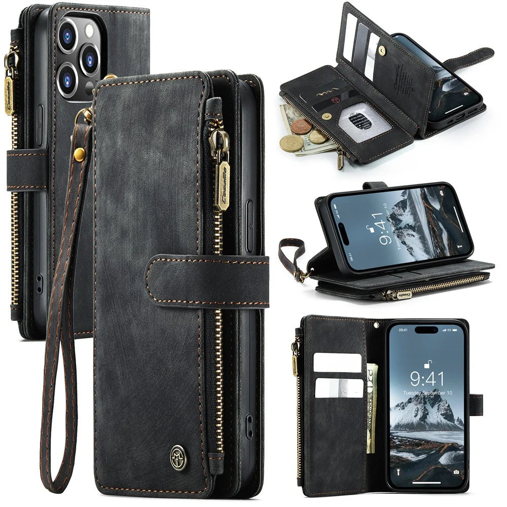 For iPhone 15 Pro Phone Cases with Strap CASEME C30 Zipper Multiple Card Holder PU Leather Cover - Black - 1