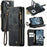 For iPhone 15 Pro Phone Cases with Strap CASEME C30 Zipper Multiple Card Holder PU Leather Cover - Black - 1