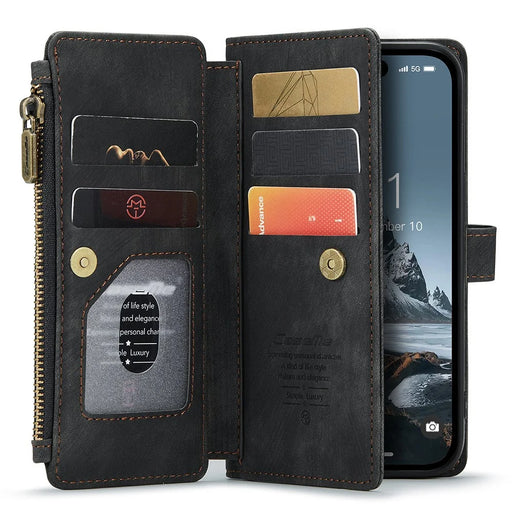 For iPhone 15 Pro Phone Cases with Strap CASEME C30 Zipper Multiple Card Holder PU Leather Cover - Black - 2