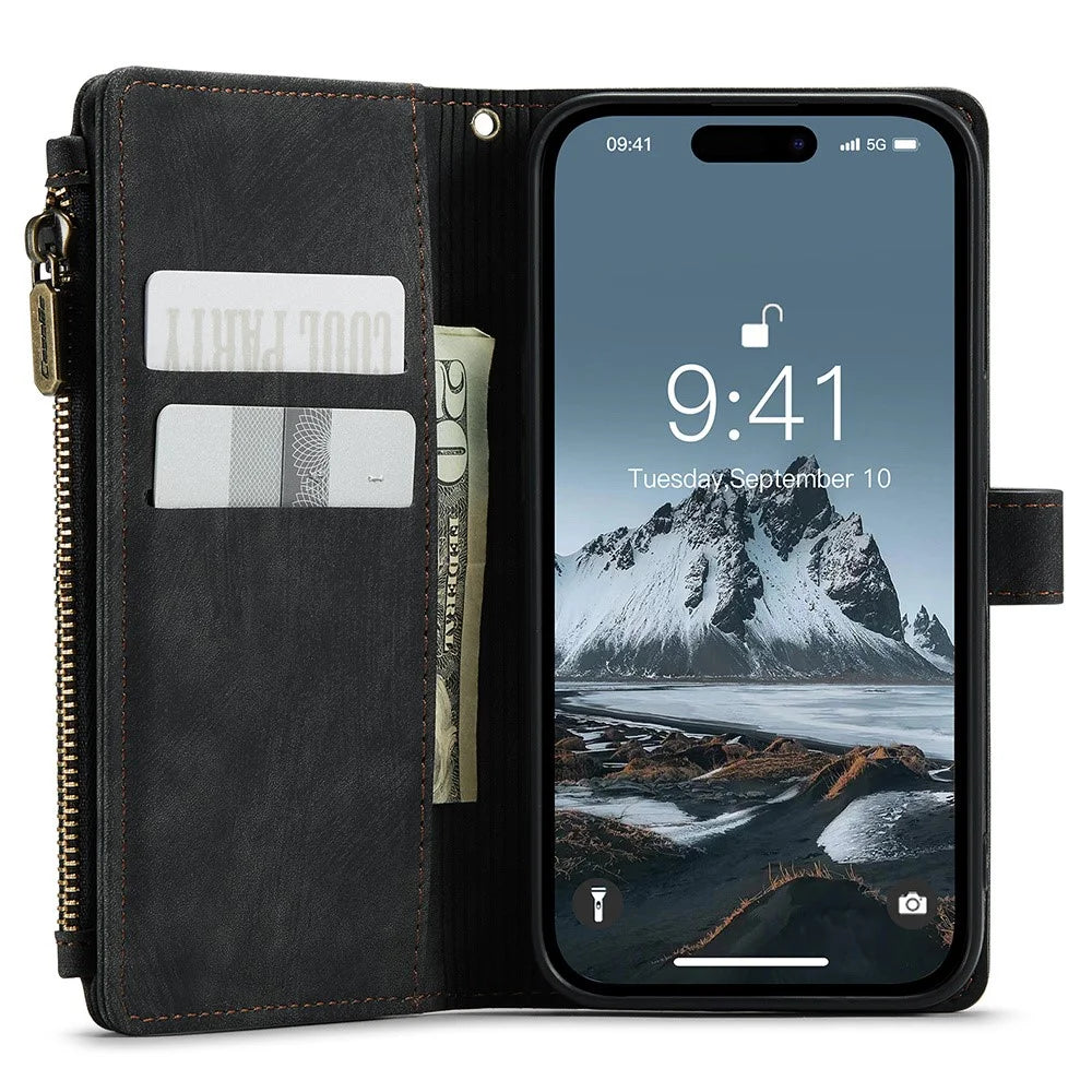 For iPhone 15 Pro Phone Cases with Strap CASEME C30 Zipper Multiple Card Holder PU Leather Cover - Black - 3
