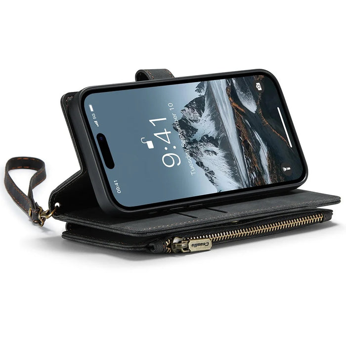 For iPhone 15 Pro Phone Cases with Strap CASEME C30 Zipper Multiple Card Holder PU Leather Cover - Black - 4