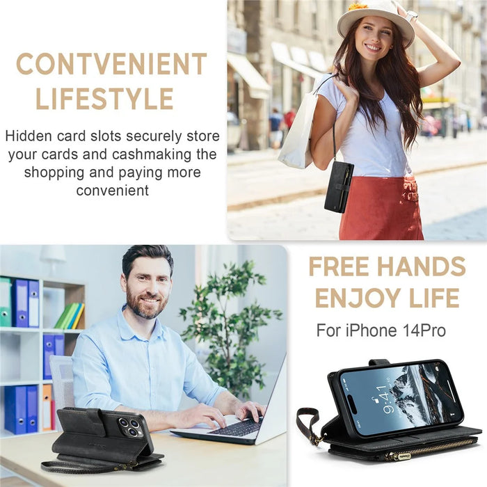 For iPhone 15 Pro Phone Cases with Strap CASEME C30 Zipper Multiple Card Holder PU Leather Cover - Black - 7