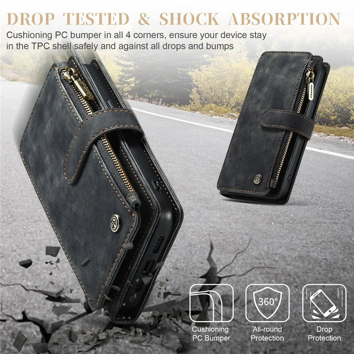 For iPhone 15 Phone Cases with Strap CASEME C30 Zipper Multiple Card Holder PU Leather Cover - Black - 6