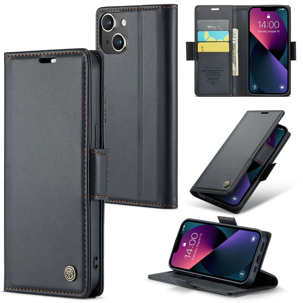 For iPhone 15 Leather Case CASEME 023 RFID Blocking 3 Card Slot Mobile Cover - Black - 1
