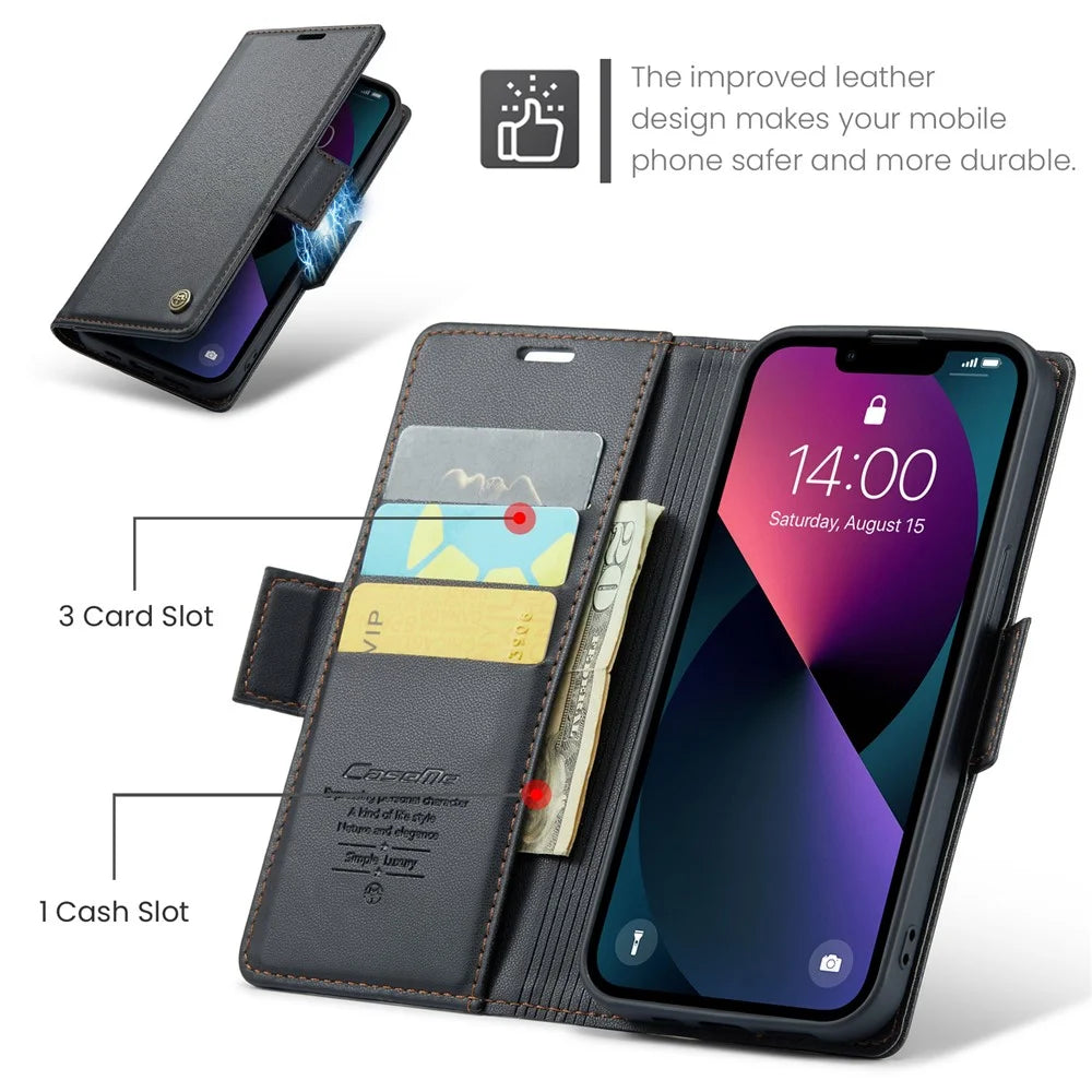 For iPhone 15 Leather Case CASEME 023 RFID Blocking 3 Card Slot Mobile Cover - Black - 5