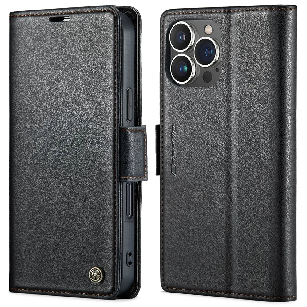 For iPhone 15 Pro Leather Case CASEME 023 RFID Blocking 3 Card Slot Mobile Cover - Black - 1