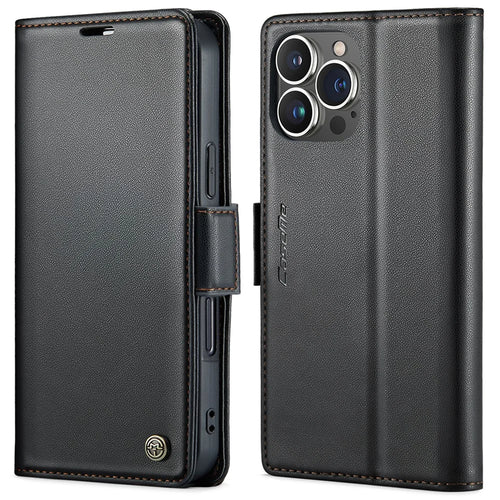 For iPhone 15 Pro Leather Case CASEME 023 RFID Blocking 3 Card Slot Mobile Cover - Black - 1