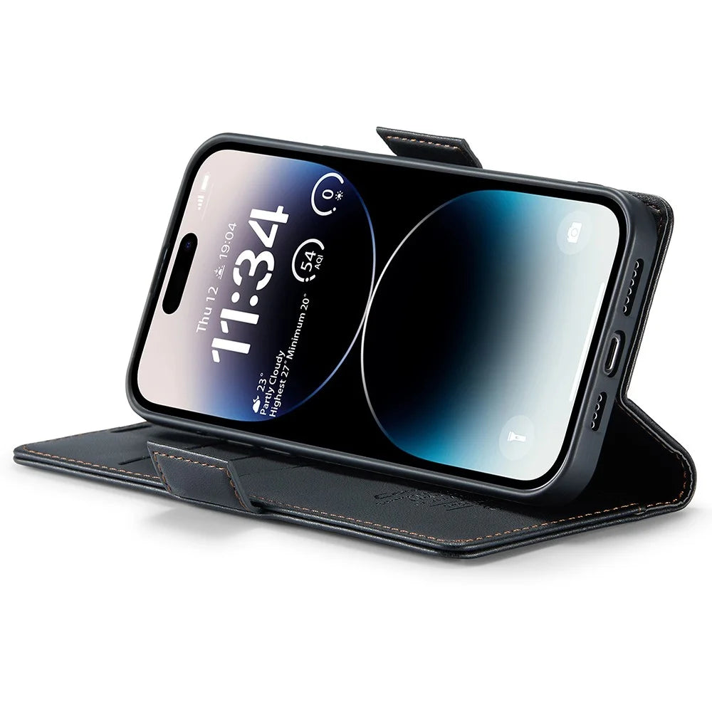 For iPhone 15 Pro Leather Case CASEME 023 RFID Blocking 3 Card Slot Mobile Cover - Black - 4