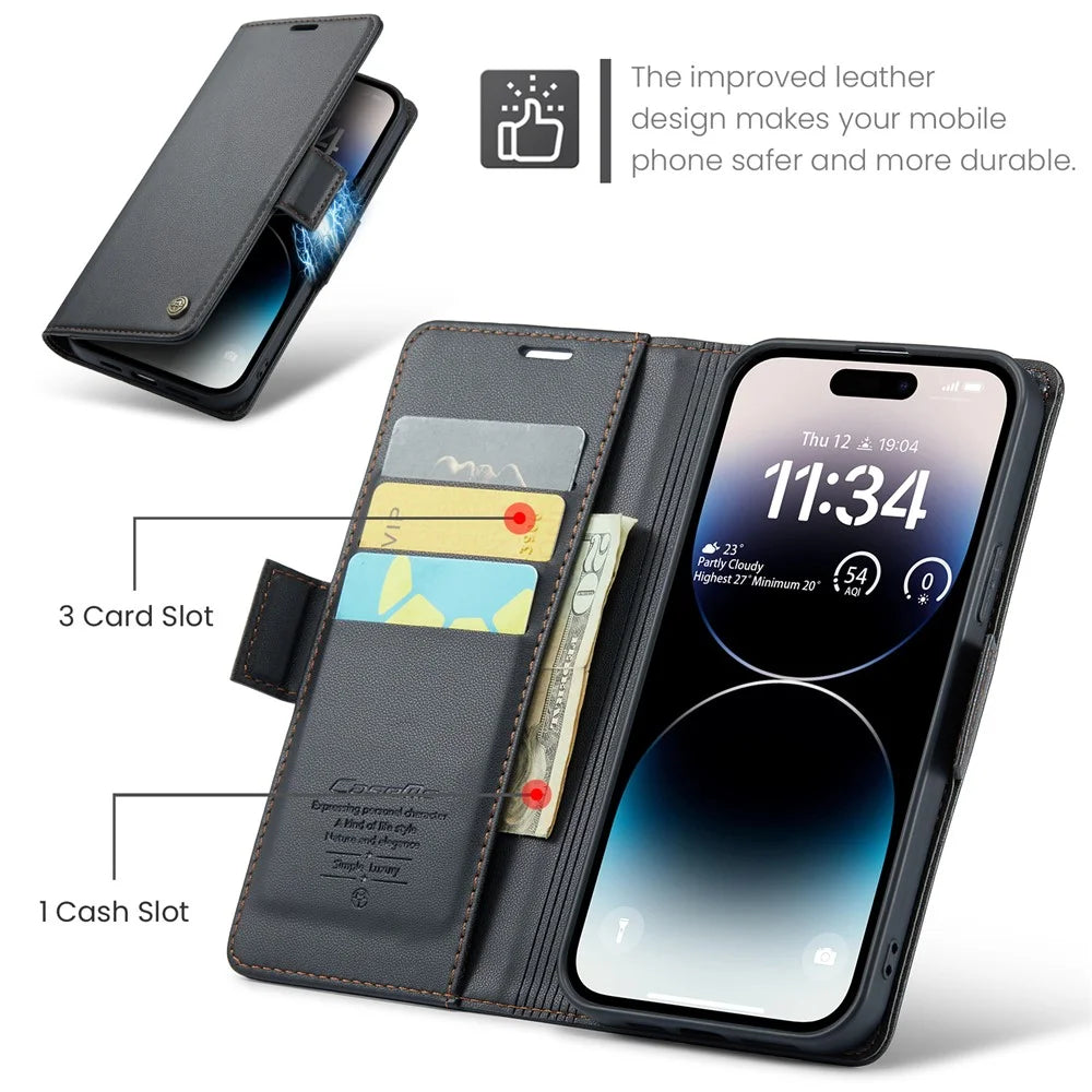 For iPhone 15 Pro Leather Case CASEME 023 RFID Blocking 3 Card Slot Mobile Cover - Black - 5