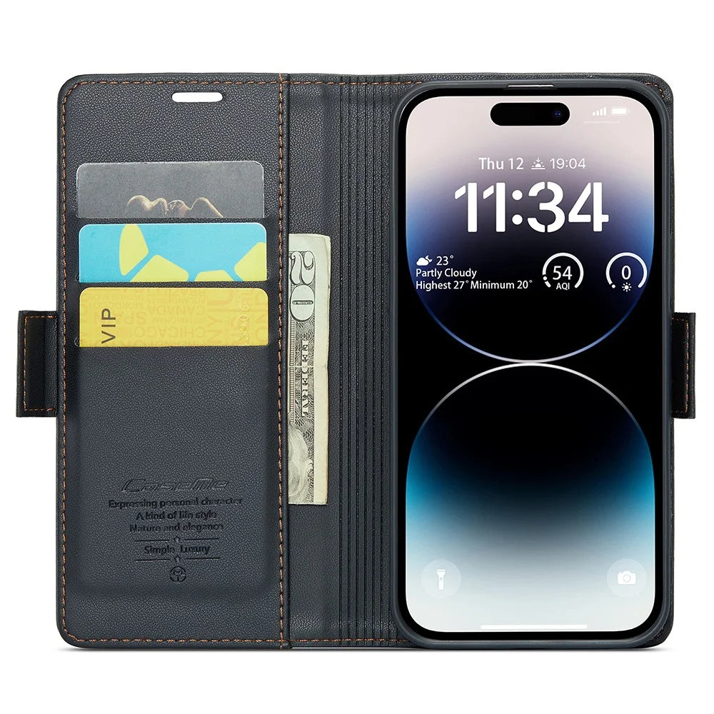 For iPhone 15 Pro Max Leather Case CASEME 023 RFID Blocking 3 Card Slot Mobile Cover - Black - 2