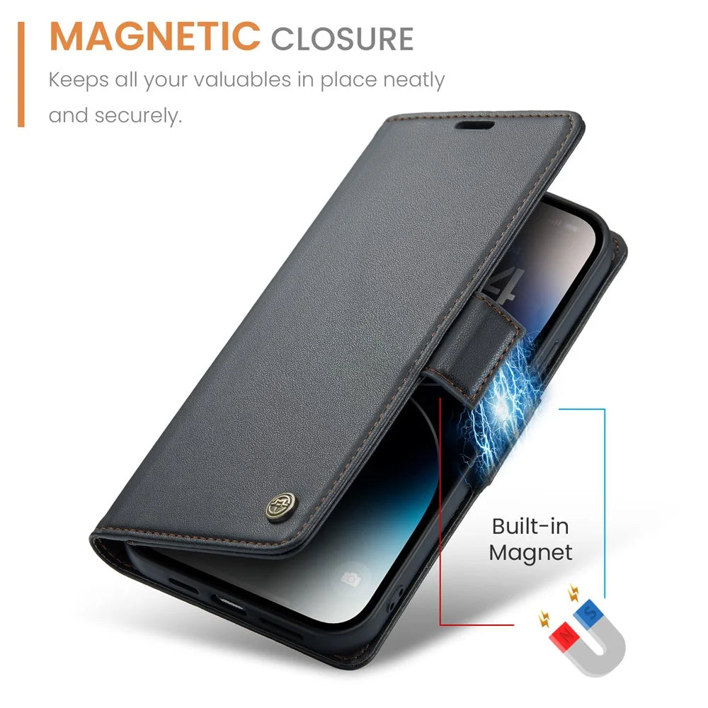 For iPhone 15 Pro Max Leather Case CASEME 023 RFID Blocking 3 Card Slot Mobile Cover - Black - 6