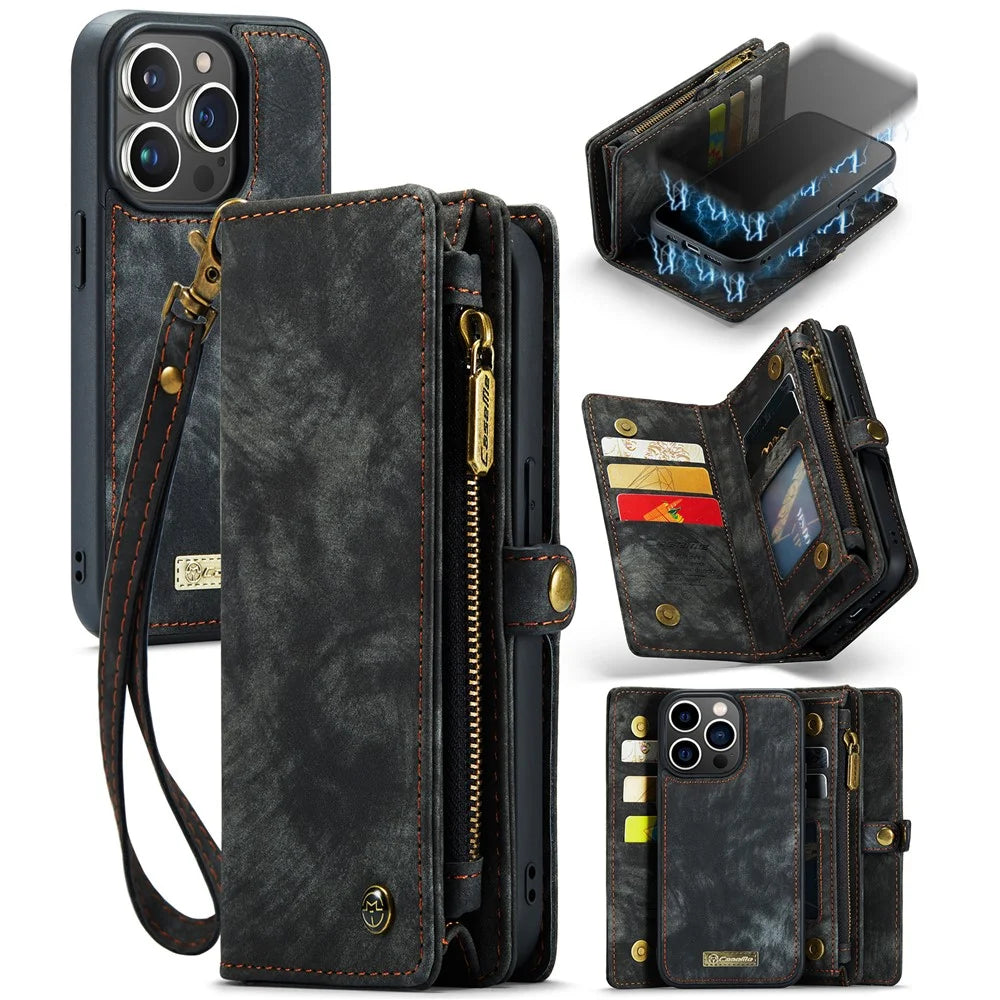 For iPhone 15 Pro Phone Cases CASEME 008 Leather Cover with Detachable Wallet and Strap - Black - 1