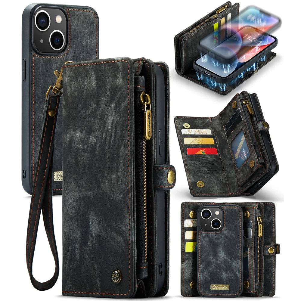 For iPhone 15 Phone Cases CASEME 008 Leather Cover with Detachable Wallet and Strap - Black - 1