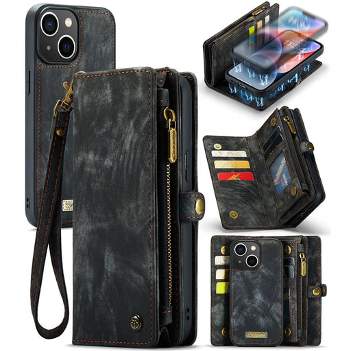 For iPhone 15 Phone Cases CASEME 008 Leather Cover with Detachable Wallet and Strap - Black - 1