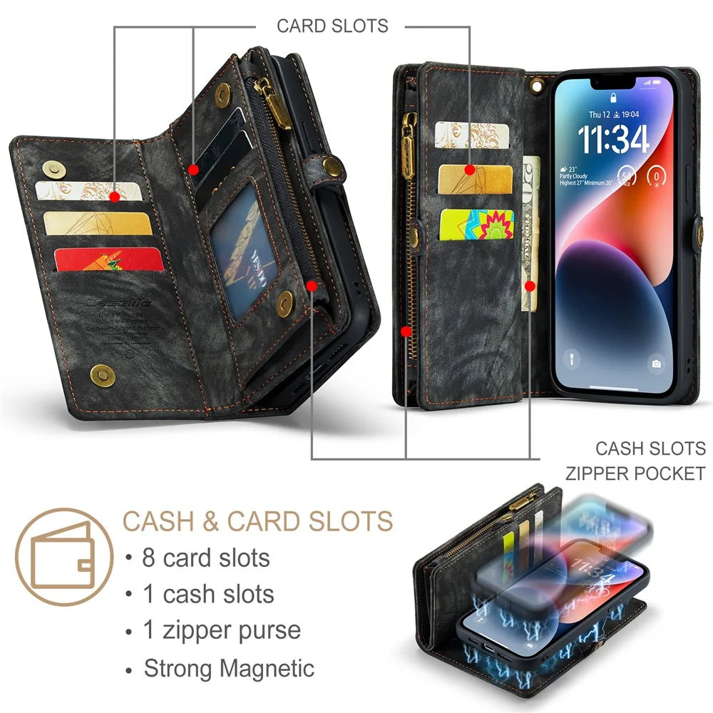 For iPhone 15 Phone Cases CASEME 008 Leather Cover with Detachable Wallet and Strap - Black - 6