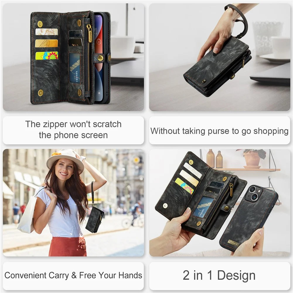 For iPhone 15 Plus Phone Cases CASEME 008 Leather Cover with Detachable Wallet and Strap - Black - 7