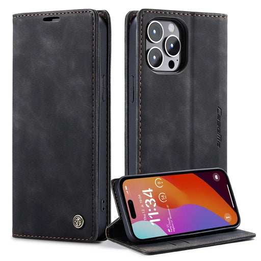 CASEME 013 Series For iPhone 15 Pro Leather Wallet Phone Case Folding Stand Anti-scratch Cover - Black - 1