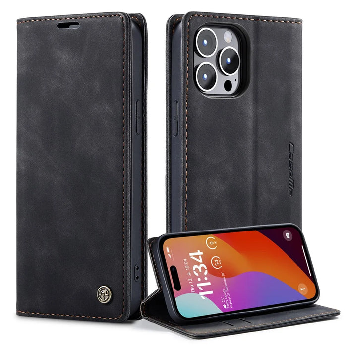 CASEME 013 Series For iPhone 15 Pro Leather Wallet Phone Case Folding Stand Anti-scratch Cover - Black - 1