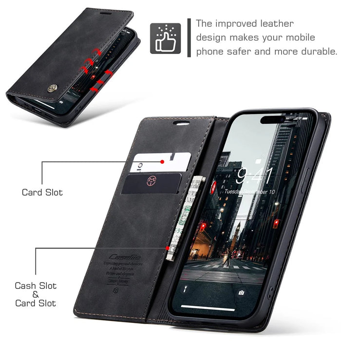 CASEME 013 Series For iPhone 15 Pro Leather Wallet Phone Case Folding Stand Anti-scratch Cover - Black - 5