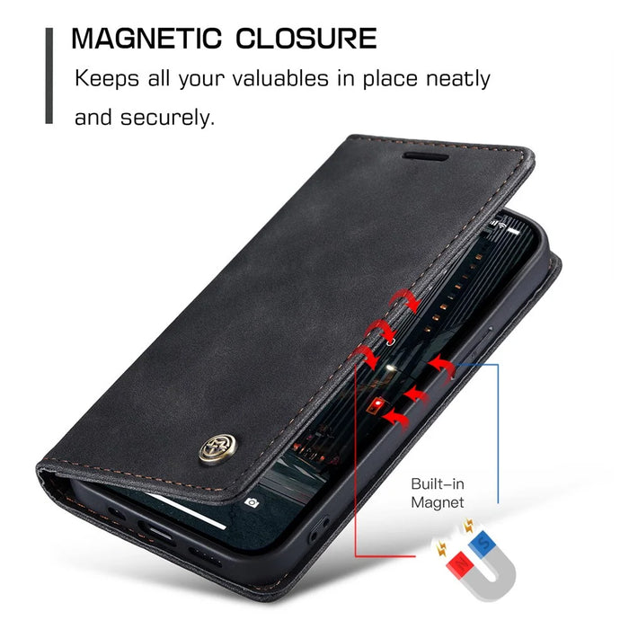 CASEME 013 Series For iPhone 15 Pro Leather Wallet Phone Case Folding Stand Anti-scratch Cover - Black - 6