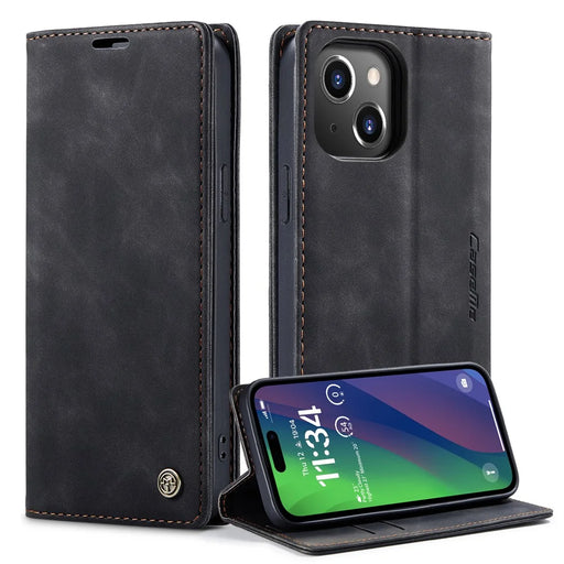 CASEME 013 Series For iPhone 15 Leather Wallet Phone Case Flip Stand Drop-proof Cover - Black - 1