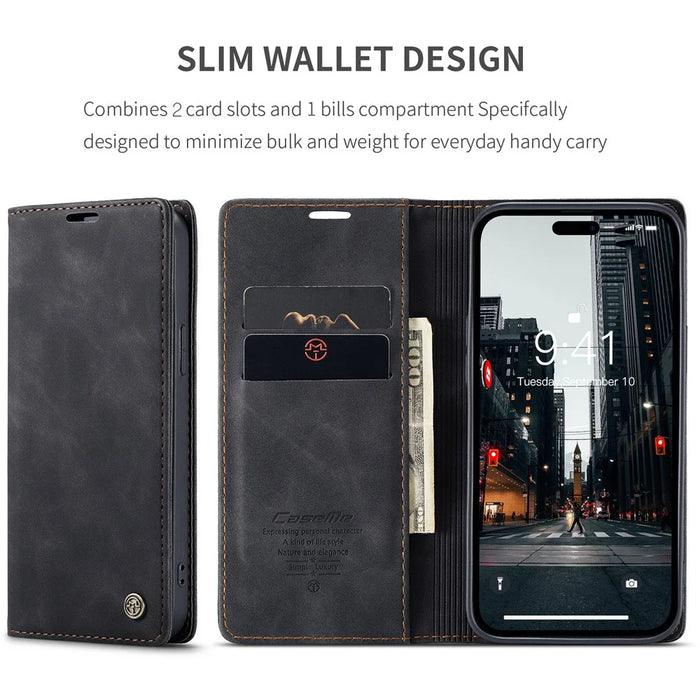CASEME 013 Series For iPhone 15 Pro Max Leather Wallet Stand Phone Case Magnetic Closing Cover - Black - 4