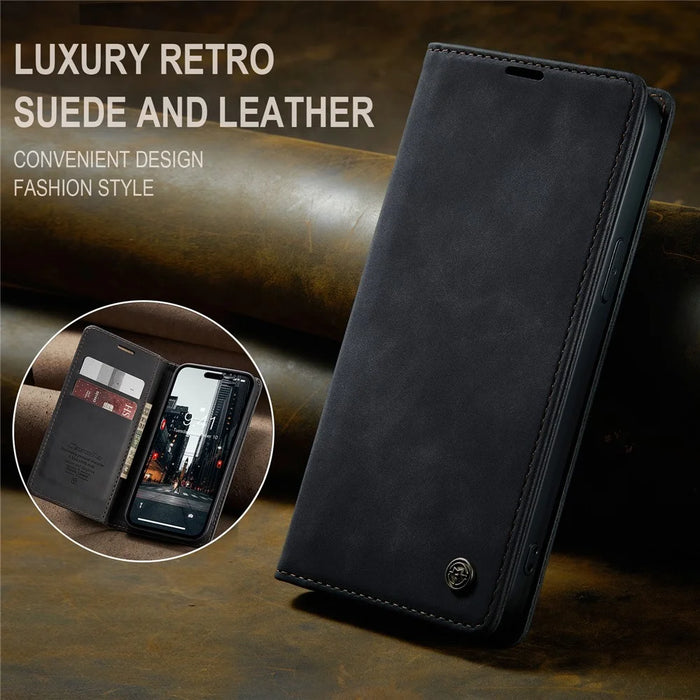 CASEME 013 Series For iPhone 15 Pro Max Leather Wallet Stand Phone Case Magnetic Closing Cover - Black - 7