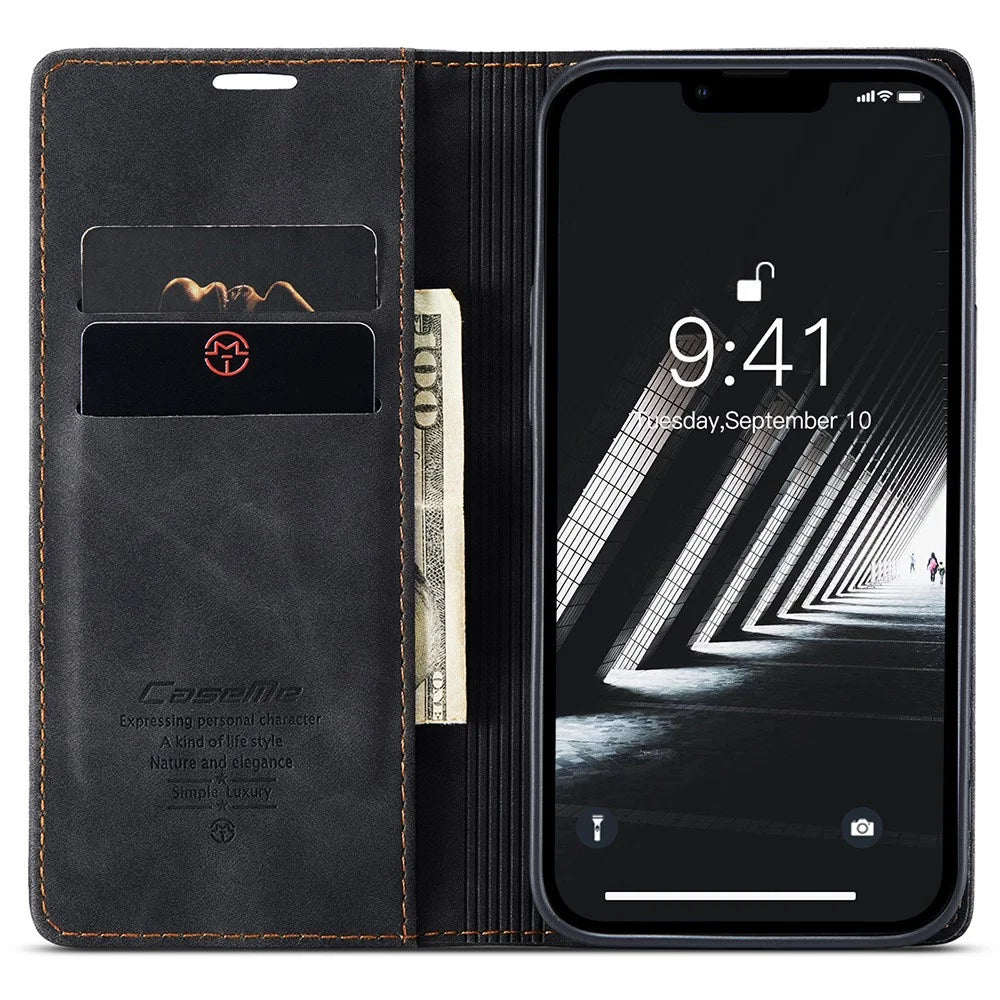 CASEME 013 Series For iPhone 15 Plus PU Leather Anti-drop Phone Case Folding Stand Wallet Cover - Black - 2