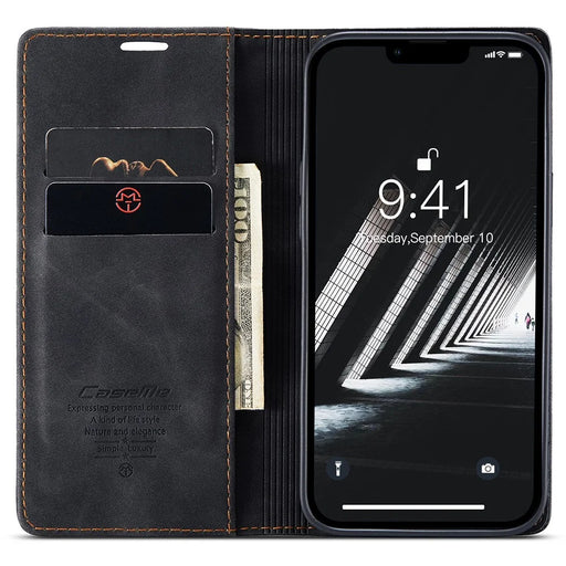CASEME 013 Series For iPhone 15 Plus PU Leather Anti-drop Phone Case Folding Stand Wallet Cover - Black - 2