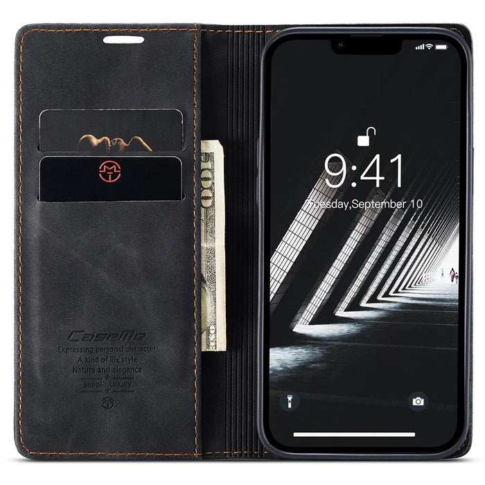 CASEME 013 Series For iPhone 15 Plus PU Leather Anti-drop Phone Case Folding Stand Wallet Cover - Black - 2