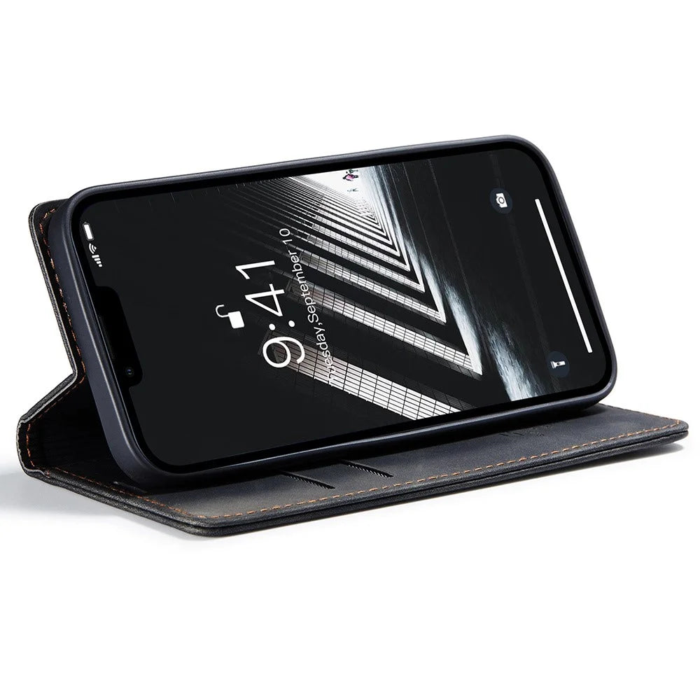 CASEME 013 Series For iPhone 15 Plus PU Leather Anti-drop Phone Case Folding Stand Wallet Cover - Black - 3