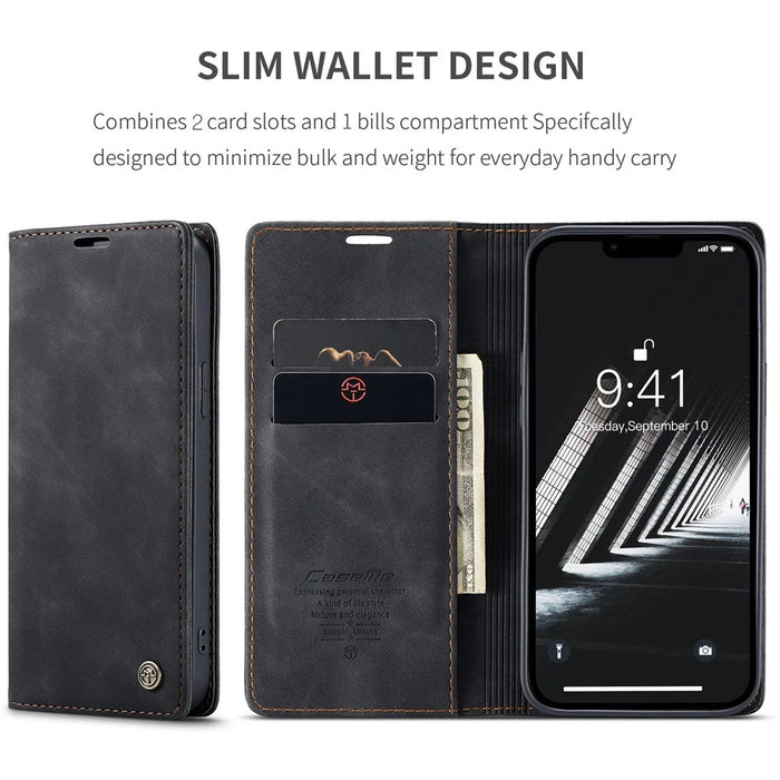 CASEME 013 Series For iPhone 15 Plus PU Leather Anti-drop Phone Case Folding Stand Wallet Cover - Black - 4