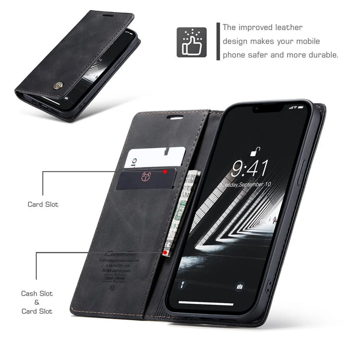 CASEME 013 Series For iPhone 15 Plus PU Leather Anti-drop Phone Case Folding Stand Wallet Cover - Black - 5